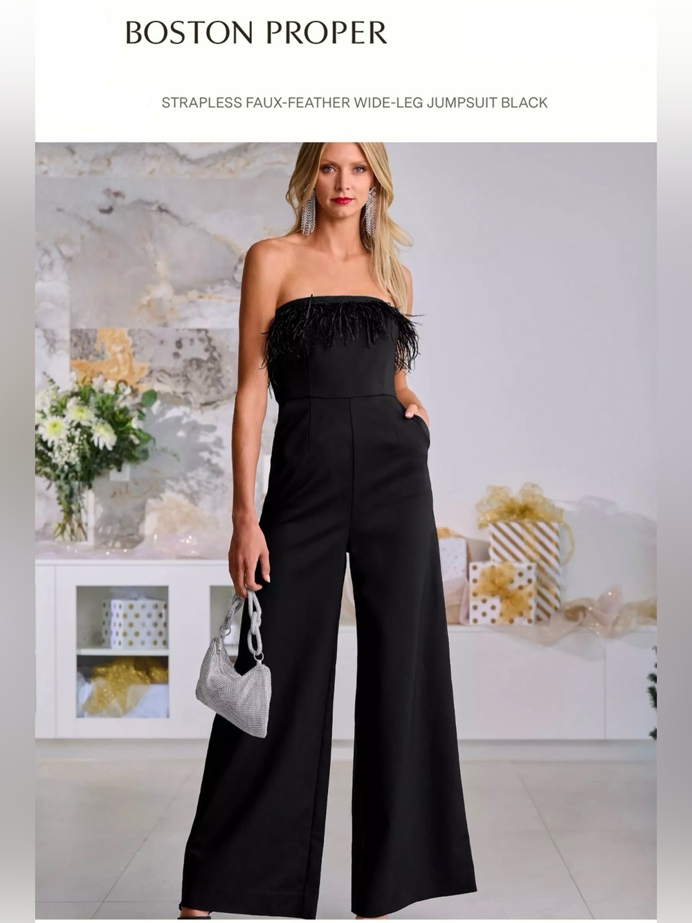 NWT Boston Proper Black Strapless Wide-Leg Jumpsuit with Faux-Feather Trim- 8